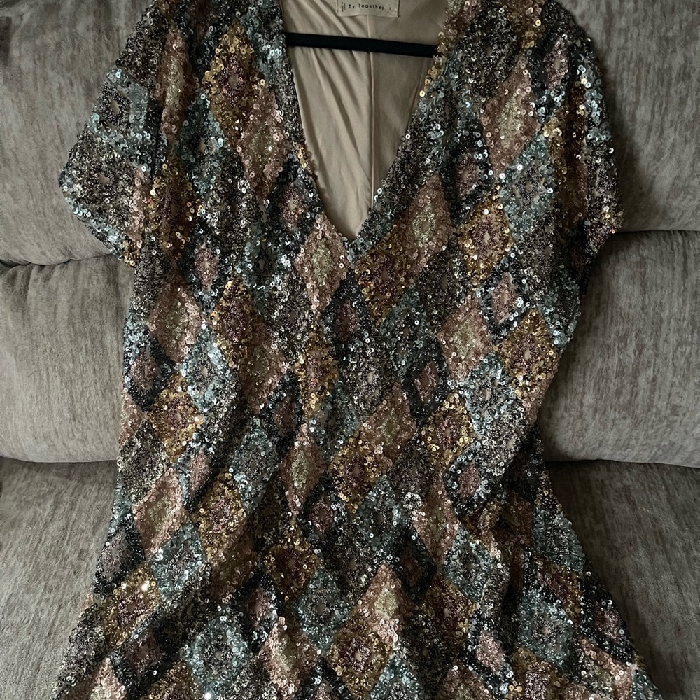 Together Brown Tan Plunge V-Neck Sequin Blouse